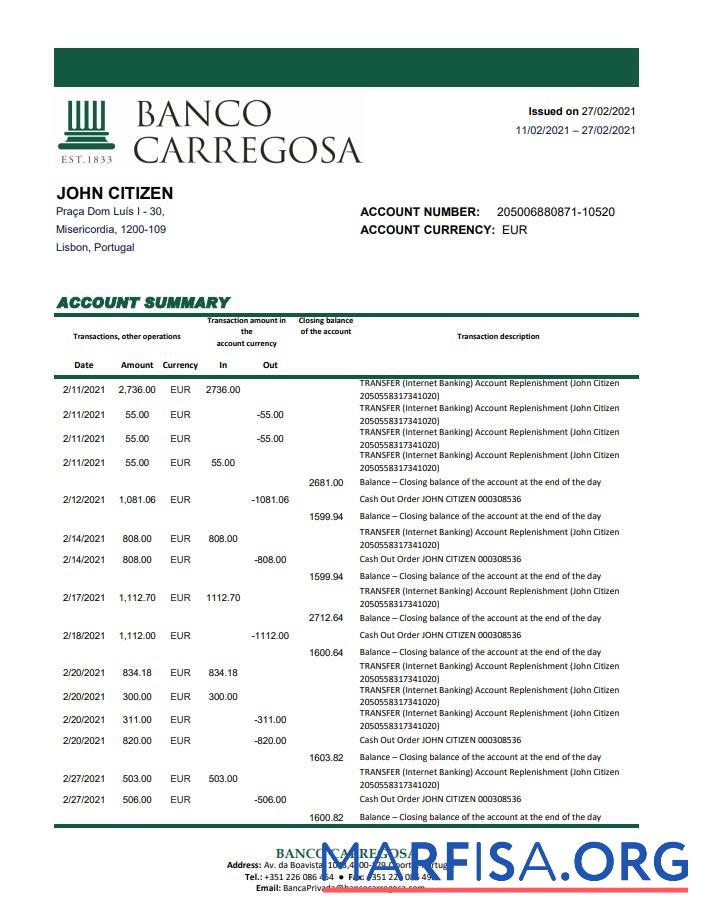 Realistic Portugal Banco Carregosa bank statement excel template